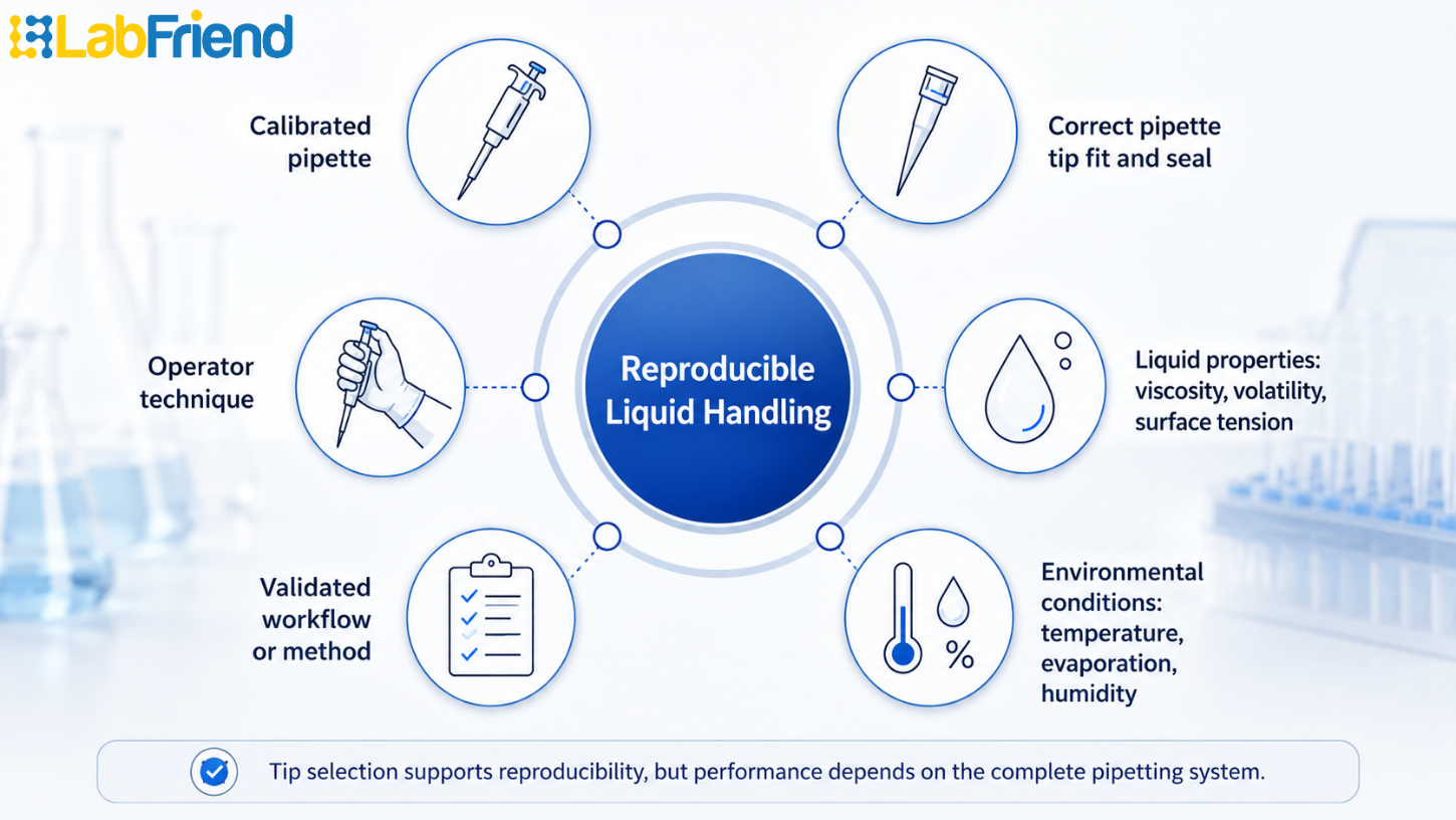 Infographic showing that reproducible liquid handling depends on the pipette, pipette tip, liquid properties, operator technique, environment, and validated workflow.